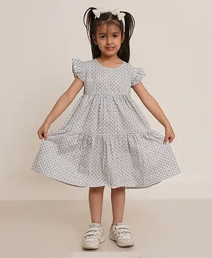 Creative Kids  Cap Sleeves Abstract Block Printed Cotton Fit & Flare Dress - White & Blue