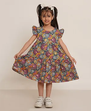 Creative Kids  Cap Sleeves Geometric Swirl Designed  Fit & Flare Cotton Dress - Purple & Blue
