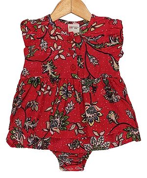 Creative Kids Cap Sleeves Floral Printed Cotton Dress - Red