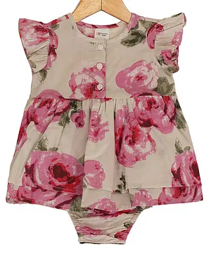 Creative Kids Cap Frill Sleeves Floral Printed Cotton Dress - Pink & White