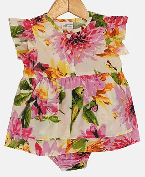 Creative Kids Cap Frill Sleeves Floral Printed Cotton Dress - Pink & Green