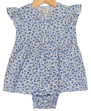 Creative Kids  Cap Frill Sleeves Floral Printed Cotton Dress - White & Blue