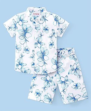 Babyhug Woven Half Sleeves Shirt & Shorts With Floral Print - White & Blue