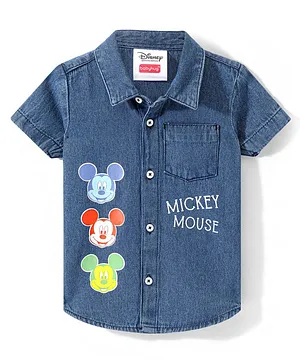 Babyhug Disney Denim Woven Half Sleeves Shirt with Mickey Mouse Graphics - Blue