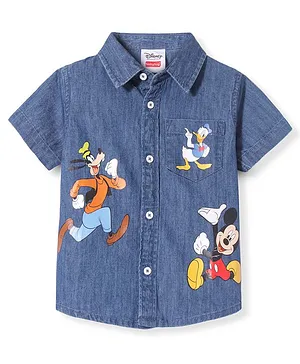 Babyhug Disney Half Sleeves Regular Collar Mid Wash Denim Shirt with Mickey Mouse Graphics - Blue