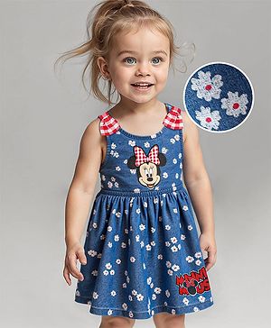 Babyhug Disney Cotton Knit Sleeveless Floral Print Frock with Bloomer & Minnie Mouse Applique - Blue