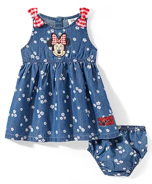 Babyhug Disney Cotton Knit Sleeveless Floral Print Frock with Bloomer & Minnie Mouse Applique - Blue
