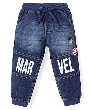 Babyhug Marvel   Denim Whiskered Full Length Jogger with Marvel Print - Blue