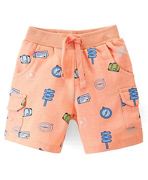 Babyhug Cotton Looper Knit Knee Length Shorts Compus Print - Orange