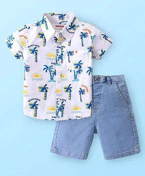 Babyhug Cotton Woven Half Sleeves Shirt & Denim Shorts Set With  Palm Tree Print - White & Blue