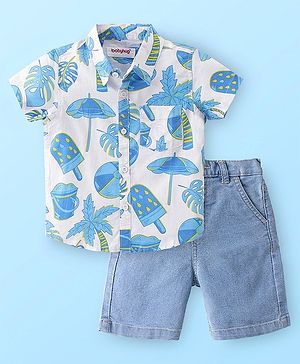 Babyhug Cotton Woven Half Sleeves Shirt And Shorts Set Palm Tree Print - White & Blue