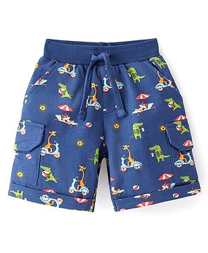 Babyhug Cotton Looper Knit Knee Length Croc Printed Shorts with Pockets - Navy Blue