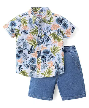Babyhug Cotton Woven Half Sleeves Shirt & Denim Shorts Set Leaf Print - Blue