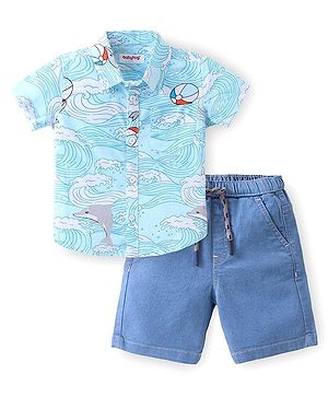 Babyhug 100% Cotton Woven Half Sleeves Dolphin print shirt & Denim Shorts With Stretch- Blue