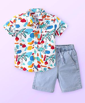 Babyhug Cotton Woven Half Sleeves Shirt & Denim Shorts with Palm Tree Print - White & Blue