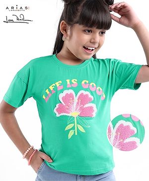 Arias Cotton Knit Drop Shoulder Sleeves T-Shirt with Terry Embroidery & Floral Print - Green