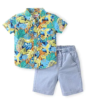 Babyhug Cotton Woven Half Sleeves Shirt & Denim Shorts Set With  Tropical Theme - Multicolor