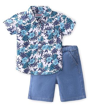 Babyhug Cotton Woven Half Sleeves Shirt & Denim Shorts Set With  Floral Print - Blue