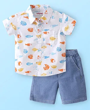 Babyhug Cotton Woven Half Sleeves Shirt & Denim Shorts Set With  Aquatic Animal Print -White &  Blue