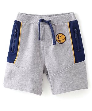 Babyhug Cotton Looper Knit Shorts  With Basketball Patch - Grey