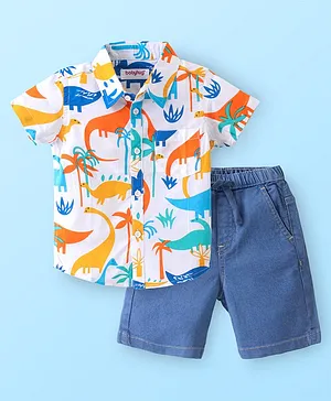 Babyhug Cotton Woven Half Sleeves Shirt & Denim Shorts Set With Dino Print -White &  Blue