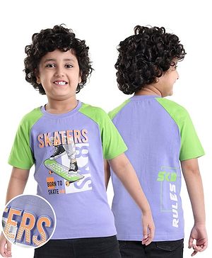 Arias Boys Cotton Knit Raglan Sleeves T-Shirt With Text Emboss Print - Purple & Green