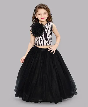 PinkChick Sleeveless Floral Applique & Zebra Design Printed Top & Tulle Skirt Set - Black