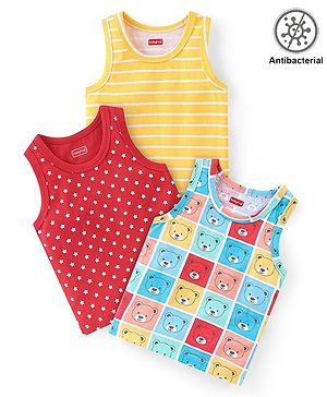 Babyhug 100% Cotton Antibacterial Sleeveless Sando Stripes & Bear Print Pack Of 3 - Red Yellow & Blue
