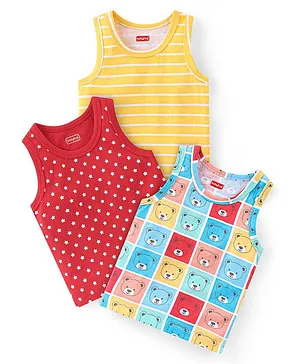 Babyhug 100% Cotton Antibacterial Sleeveless Sando Stripes & Bear Print Pack Of 3 - Red Yellow & Blue