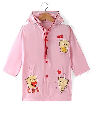 Babyhug Full Sleeves Below Knee Length Hooded Raincoat Cat Print - Pink