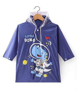Babyhug Full Sleeves Below Knee Length Hooded Raincoat Dino Print - Navy Blue