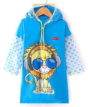 Babyhug Full Sleeves Knee Length Raincoat Lion Roar Print - Sky Blue