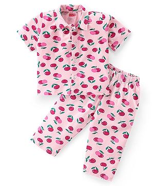 Babyhug Cotton Knit Half Sleeves Cherry Print Night Suit - Pink