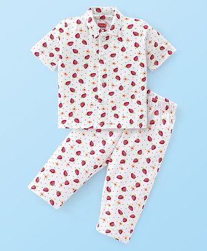 Babyhug Cotton Knit Half Sleeves Floral Print Night Suit - White