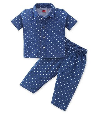 Babyhug Single Jersey Cotton Knit Half Sleeves Night Suit Polka Dot Print - Blue