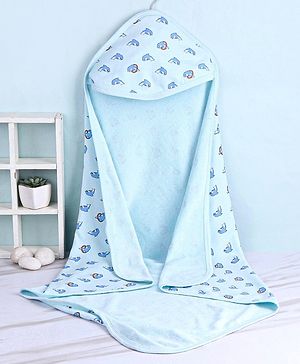 Babyhug Knit Terry Towel With Hood Fish Print L 76.2 x B 76.2 cm - Blue