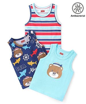 Babyhug 100% Cotton Knit Antibacterial Sleeveless Sando Bear Print Pack of 3 - Multicolour