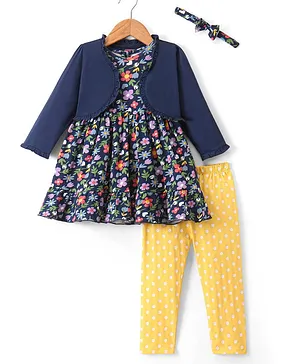 Babyhug 100% Cotton Knit Frock & Leggings with Full Sleeves Shrug & Head Band Floral Print - Navy Blue