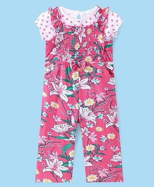 Babyhug Cotton Knit Floral Printed Dungree Style Jumpsuit with Half Sleeves Inner Tee - Pink & White
