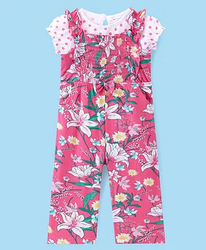Babyhug Cotton Knit Floral Printed Jumpsuit with Half Sleeves Inner Tee - Pink & White