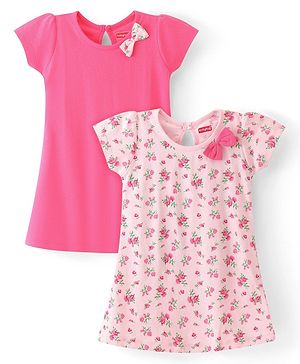 Babyhug Single Jersey Knit Half Sleeves Frocks with Floral Print Bow Applique Pack of 2 - Multicolour