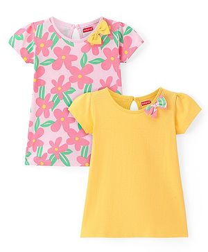 Babyhug Single Jersey Knit Half Sleeves Frocks With Floral Print & Bow Applique Pack of 2 - Pink & Yellow