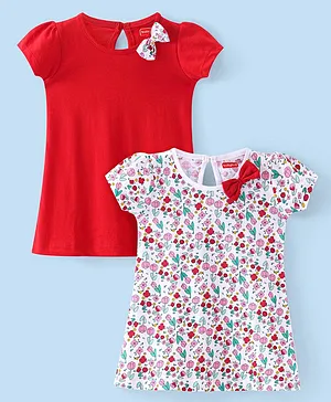 Babyhug Cotton Knit Half Sleeves Frocks Solid Color and Floral Print Pack of 2 - Red & White