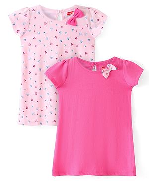 Babyhug Single Jersey Knit Half Sleeves Floral Printed Frock With Bow Pack of 2 - Multicolour