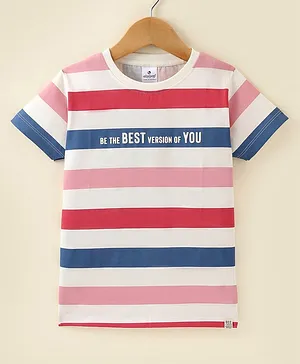 Ollypop Cotton Sinker Knit Half Sleeves T-Shirt Stripes & Text Print - Cream & Red