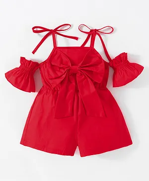Kookie Kids Cold Shoulder Sleeves Jumpsuit with Bow Applique - Red