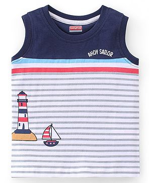 Babyhug Cotton Striped Sleeveless T-Shirt With Lighthouse & Boat Graphics - Navy & White