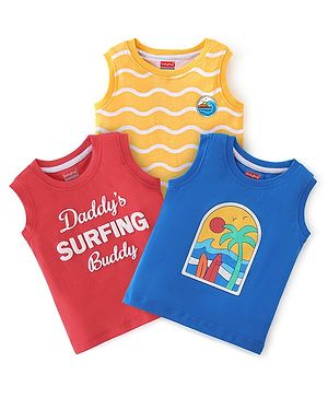 Babyhug Cotton Knit Sleeveless Surfing Beach Print T-Shirts Pack of 3 - Red Blue & Yellow