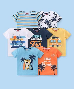 Babyhug 100% Cotton Knit Half Sleeves T-Shirt with Tiger Graphics Pack of 7-Multicolour