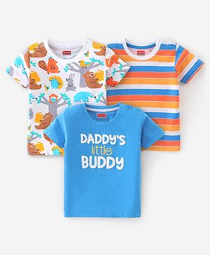 Babyhug Cotton Knit Half Sleeves Striped T-Shirts With Animals Graphics and Puff Text Print Pack of 3 - Multicolor